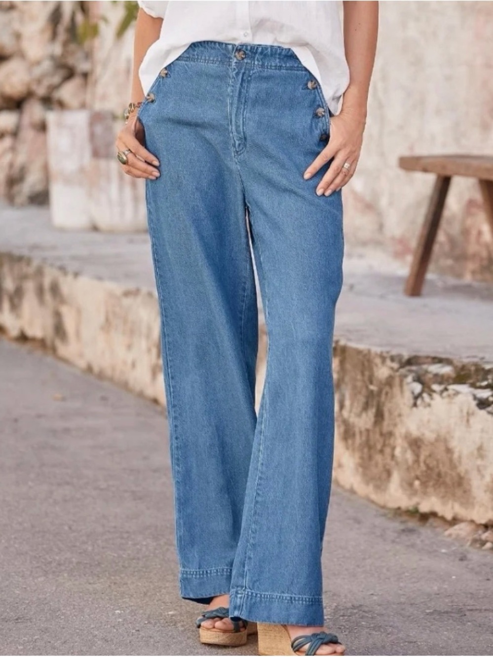 Sundance Oaklee Wide Leg Lyocell Sailor Pants Blue Button Detail Size 10